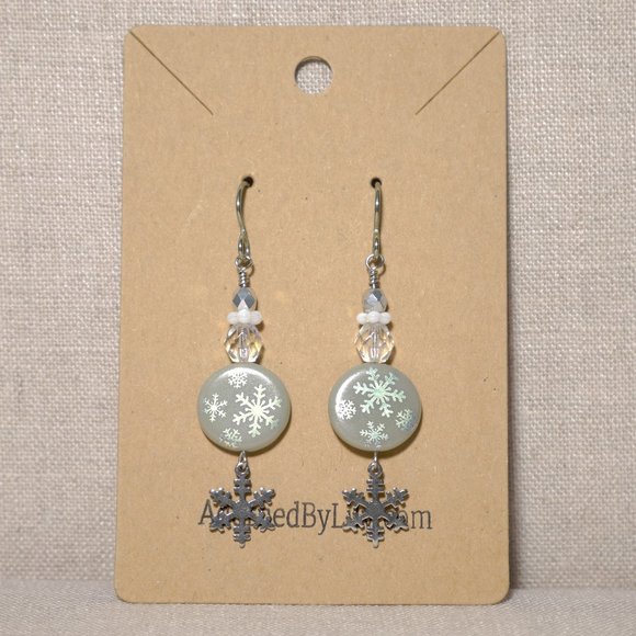Hand Crafted Handmade Earrings Czech Glass & Stainless Steel Snowflake E… - Picture 2 of 5